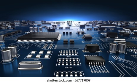 High Tech Electronic PCB (Printed Circuit Board) With Processor And Microchips. 3d Illustration.