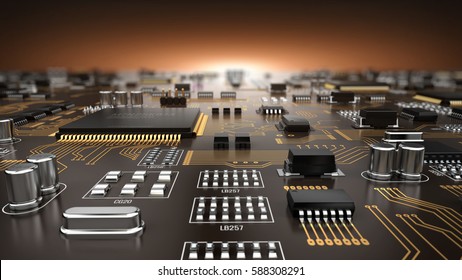 High Tech Electronic PCB (Printed Circuit Board) With Processor And Microchips. 3d Illustration.