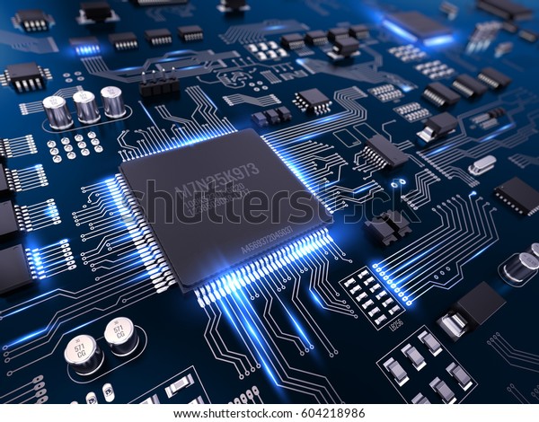 プロセッサーとマイクロチップを搭載したハイテク電子pcb プリント基板 3dイラスト のイラスト素材