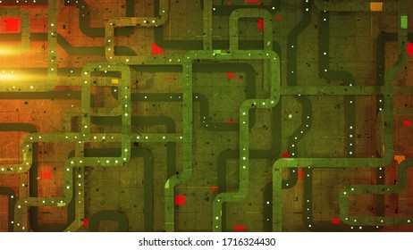 High tech electronics green and red board. Abstract technical design. 3D rendering