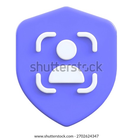 High tech face recognition scan technology featuring face detection on a shield. Represents security, biometric identification, and access control systems. 3D icon.