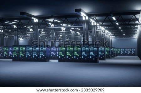 High tech facility designed to ensure critical data is stored and processed in secure, reliable, and highly available manner. Servers requiring massive computational firepower, 3D. 3D Illustration
