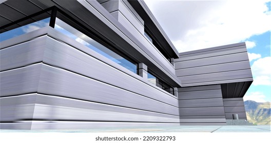 High tech future architecture house exterior. Energy-saving, durable, aesthetic, hermetic, ventilated facade with incoming air purification.  3d rendering.