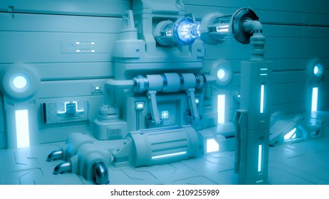 High Tech Lab, Industrial Or Space Ship Engine. Generic Futuristic Science Fiction Background. 3D Rendering