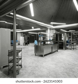 High tech laboratory interior with clean surfaces, bright lights and structured layout designed for scientific innovation. Modern industrial research lab with metal tables, storage. 3D Illustration