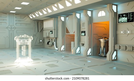 High tech object being materialized in a science fiction lab or space ship. 3D rendering