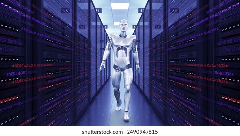 High Tech Server Room Environment. Confident Android Robot Walking. Technology Related 3D Render.