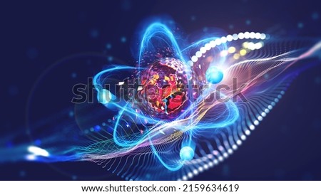 High tech. Study of structure of atom. Nuclear physics and Internet technologies. 3d illustration of scientific background