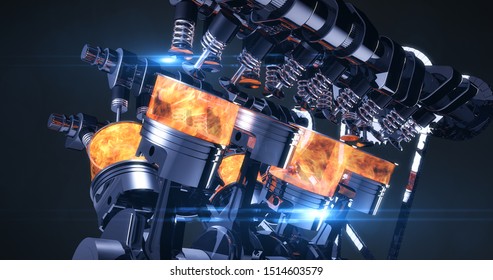 High Tech V8 Diesel Engine With Explosions. Pistons And Other Mechanical Parts - 3D Illustration Render