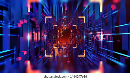 High technology in space. Portal 3D illustration. Space and time, global digital database in cyberspace of artificial intelligence