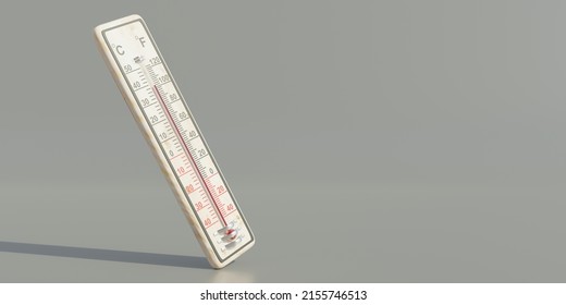 High Temperature, Hot Weather, Heat Danger. Thermometer Reaching 100 Degree Fahrenheit Scale On Grey Color Background, Copy Space. 3d Render