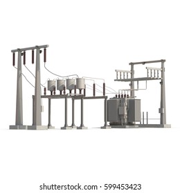 High voltage electric power substation on white. 3D illustration