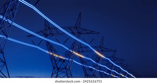 High voltage electric transmission tower with glowing current line, electrical power transmit through wire to city and house at night, Renewable green energy grid infrastructure concept 3d rendering
