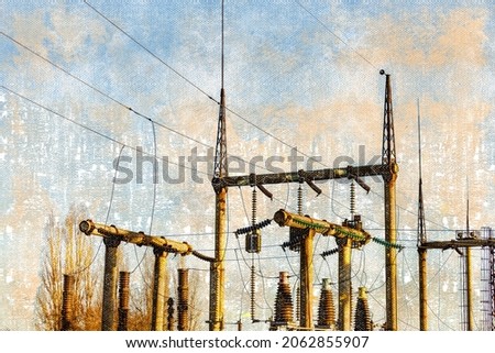 High voltage power transformer substation. Wires, insulators against the sky. Digital watercolor painting.