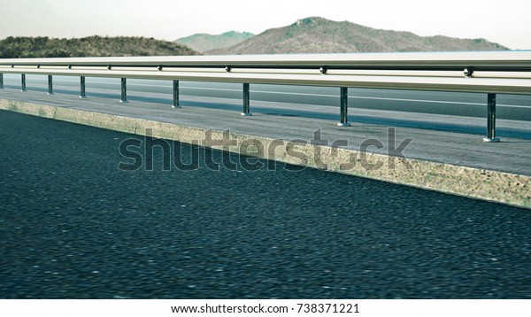 High way and guard rail with beautiful mountain\
background. 3D\
Rendering