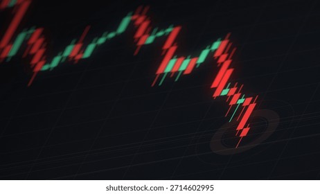 A high-angle, close-up view of a digital financial trading screen featuring a candlestick chart. The image captures a significant "bearish" market event where price action is plummeting rapidly. The visual focus is on a series of long red candles moving toward the bottom right corner, symbolizing a sudden market crash or economic downturn. The background is a dark, minimalist grid that enhances the glowing effect of the red and green candles. A circular target or focal point is visible at the lowest point of the trend, highlighting the depth of the decline. This image effectively communicates themes of financial crisis, stock market instability, crypto price drops, and investment risk. The shallow depth of field creates a professional, cinematic look suitable for financial news, trading platforms, and economic reports.