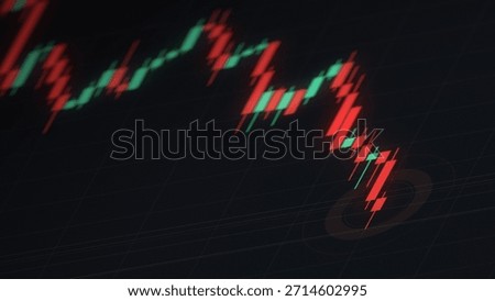 A high-angle, close-up view of a digital financial trading screen featuring a candlestick chart. The image captures a significant "bearish" market event where price action is plummeting rapidly. The visual focus is on a series of long red candles moving toward the bottom right corner, symbolizing a sudden market crash or economic downturn. The background is a dark, minimalist grid that enhances the glowing effect of the red and green candles. A circular target or focal point is visible at the lowest point of the trend, highlighting the depth of the decline. This image effectively communicates themes of financial crisis, stock market instability, crypto price drops, and investment risk. The shallow depth of field creates a professional, cinematic look suitable for financial news, trading platforms, and economic reports.