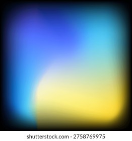 A high-contrast abstract background featuring soft focus transitions between deep sapphire blue, bright cyan, and warm golden yellow. The cinematic light leak effect creates a luminous Scurve composition against a dark, vignetted border. Perfect for corporate presentations, technology-themed designs, and professional photo overlays.