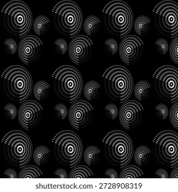 A high-contrast black and white seamless pattern featuring concentric dotted circles that create a rhythmic, vibrating optical illusion.