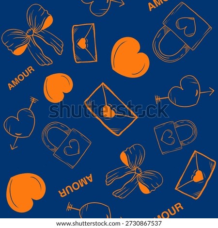 High-contrast seamless pattern featuring hand-drawn Valentine icons including love letters, heart padlocks, bows, and arrows. Modern navy blue and vibrant orange color palette with French Amour typography. Contemporary romantic design for textile, wallpaper, and luxury packaging.