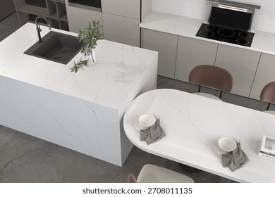 High-end kitchen interior featuring a marble cooking zone, designer pendant lights, and glass cabinets. Top View of kitchen interior. Mockup. 3D Rendering