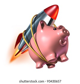 Higher Savings account piggy bank with a rocket strapped on to its back as a fast rising interest rate in an account and financial success with strong investments growth with quick compound interest.