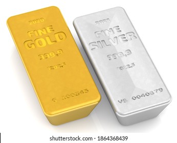 The Highest Standard Gold And Silver Bars. One Ingot Of 999.9 Fine Gold And Fine Silver On White Surface. 3D Illustration