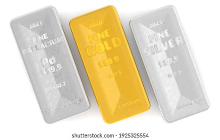 The highest standard of palladium, gold and silver bars. Three ingots of 999.9 Fine Gold, Fine Silver and Fine Palladium on white surface. 3D illustration
