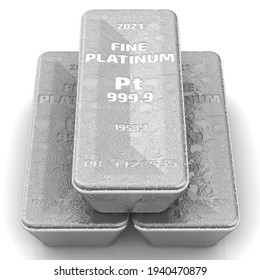The highest standard platinum ingots. Three ingots of 999.9 Fine Platinum lie on white surface. 3D illustration