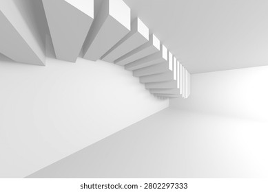 High-key minimal interior showing a floating geometric staircase in a bright white space, strong linear perspective and soft shadows ideal for architectural backgrounds and modern design work.