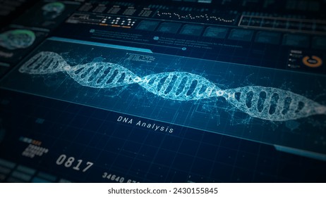 Highlighting the intersection of neuroscience and genetic analysis, Cutting edge interface for neurogenetics research featuring brain scans and DNA sequencing. 3d rendering