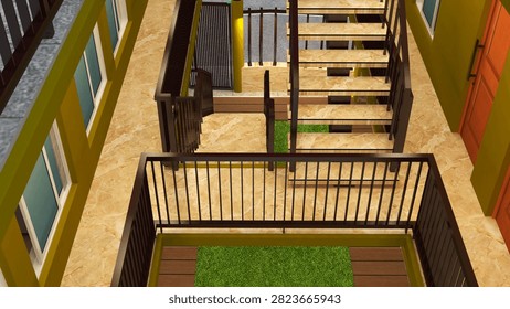 Highly detailed 3D architectural visualization showing a top-down perspective of a modern residential or apartment building. The scene features open exterior staircases, spacious corridors, elegant marble flooring, black metal railings, landscaped green patches, contemporary doors and windows, and realistic lighting. Suitable for architectural presentations, real estate marketing, construction planning, engineering concepts, urban development, and modern building design projects.