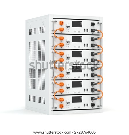 Highly detailed 3D render of a modern rack with modular lithium-ion batteries for energy storage systems. Ideal for illustrating renewable energy and industrial power solutions