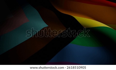 A highly detailed 3D render of the Progress Pride flag waving gracefully under dramatic lighting. The vibrant colors and realistic fabric movement create a stunning visual effect