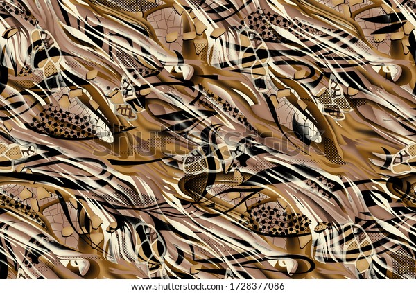 Highly Detailed Animal print, Leopard Tiger, wild Snake and Zebra skin custom texture background, great design for any purposes. Isolated design. Tiger skin background. Textile and Digital Print.