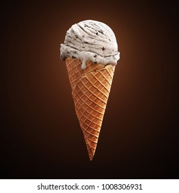 Highly Detailed Delicious Vanilla Ice Cream With Chocolate Crumbs In Waffle Cone Isolated On Dark Background. 3D Illustration