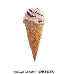 Highly Detailed Delicious Vanilla Ice Cream With Chocolate Crumbs And Raspberry Jam In Waffle Cone Isolated On White Background. 3D Illustration