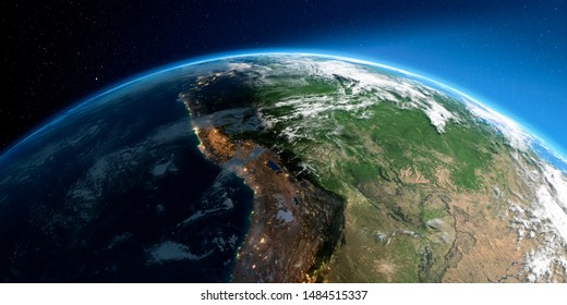 Highly detailed Earth with atmosphere, relief and light-flooded cities. Transition from night to day. South America. Bolivia, Peru, Brazil. 3D rendering. Elements of this image furnished by NASA