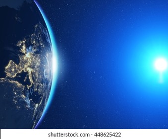 Highly Detailed Epic Moon Over World Skyline. Planet Earth Europe Zone With Night Time City. 3D Rendering Animation Using Satellite Imagery (NASA)