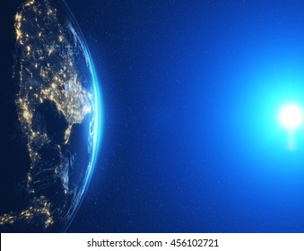 Highly Detailed Epic Moon Over World Skyline. Planet Earth America Zone With Night Time City. 3D Rendering Animation Using Satellite Imagery (NASA)