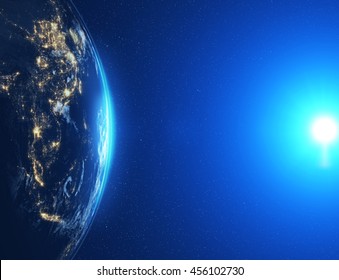 Highly Detailed Epic Moon Over World Skyline. Planet Earth Asia Zone With Night Time City. 3D Rendering Animation Using Satellite Imagery (NASA)