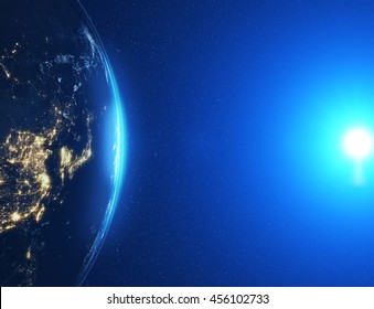 Highly Detailed Epic Moon Over World Skyline. Planet Earth Asia Zone With Night Time City. 3D Rendering Animation Using Satellite Imagery (NASA)