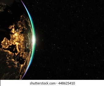 Highly Detailed Epic Sunrise Over World Skyline. Planet Earth Europe Zone With Night Time City. 3D Rendering Animation Using Satellite Imagery (NASA)