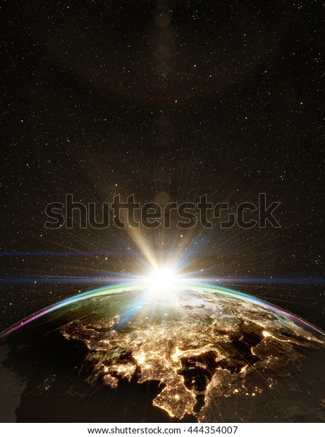Highly detailed epic sunrise over world\
skyline. Planet earth Europe zone with night time city. 3D\
Rendering animation using satellite imagery\
(NASA)