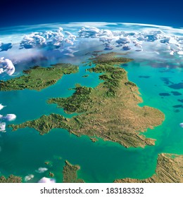 Highly detailed fragments of the planet Earth with exaggerated relief, translucent ocean, illuminated by the morning sun. United Kingdom and Ireland. Elements of this image furnished by NASA