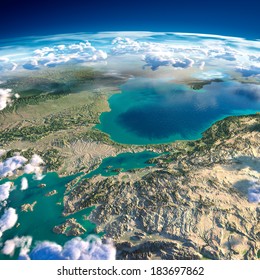 Highly detailed fragments of the planet Earth with exaggerated relief, translucent ocean and clouds, illuminated by the morning sun. Turkey. Sea of Marmara. Elements of this image furnished by NASA