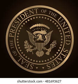 Highly detailed, gold, embossed, monochromatic design the official Seal of the President of the United States. Editorial Illustration