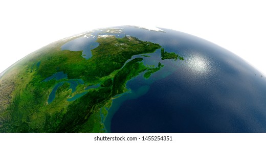 Highly detailed planet Earth in the morning. Exaggerated precise relief lit morning sun. Northeast US and Eastern Canada. 3D rendering. Elements of this image furnished by NASA