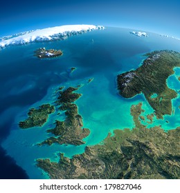 Highly detailed planet Earth in the morning. Exaggerated precise relief lit morning sun. Detailed Earth. United Kingdom and the North Sea. Elements of this image furnished by NASA