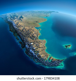 Highly detailed planet Earth in the morning. Exaggerated precise relief lit morning sun. Detailed Earth. South America. Tierra del Fuego. Elements of this image furnished by NASA